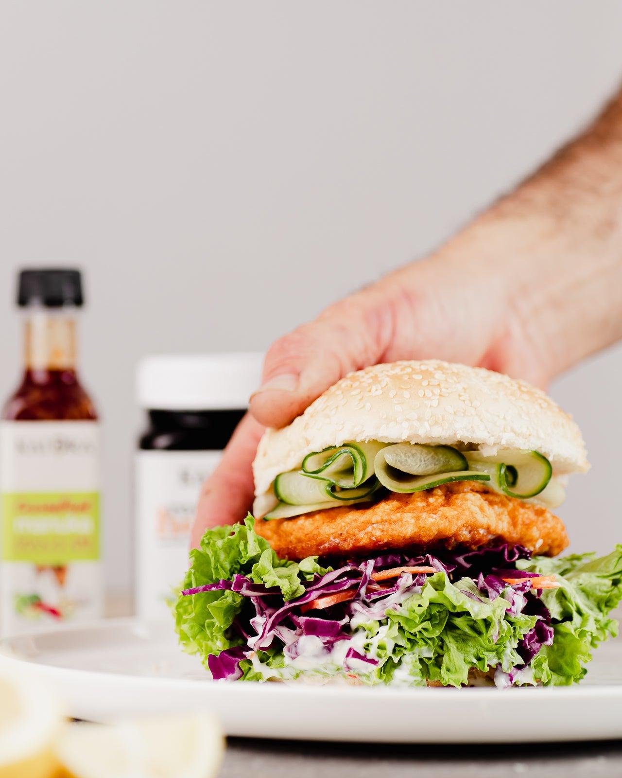 Chicken Burger with Honey Mustard Mayo and Chilli & Lime Dressing - Kai Ora Honey Limited, New Zealand