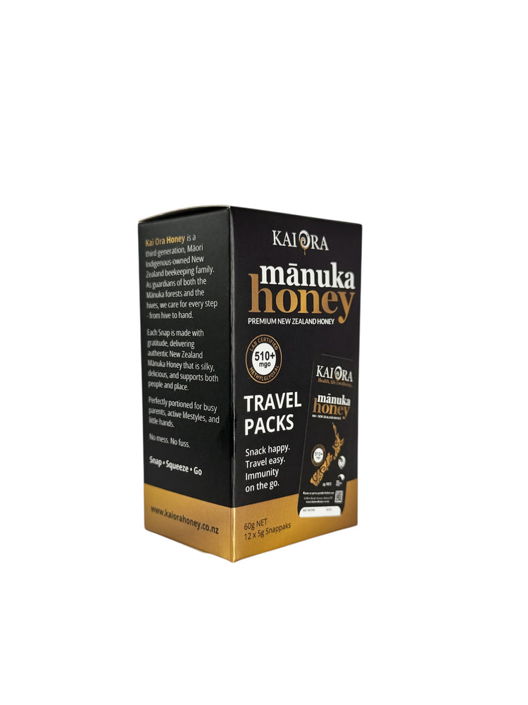 
                  
                    MGO 510+ Mānuka Honey TRAVEL PACKS — 12 Snappaks (60g)
                  
                